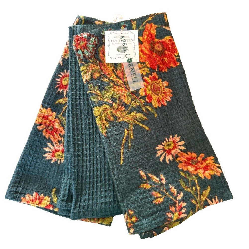 April Cornell Kitchen Set of 3 Dish Towels Dark Blue Wildflowers Waffle Weave